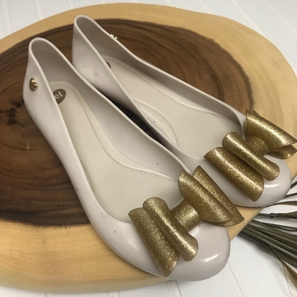 Melissa MEL White Flats with Big Gold Glitter Bow